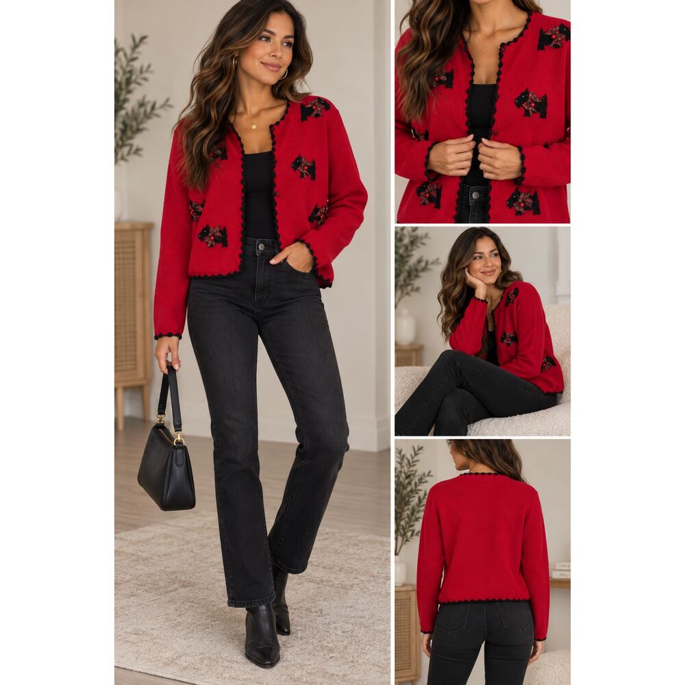 Vintage Marisa Christina 2001 Christmas Scottie Dog Cardigan Sweater M